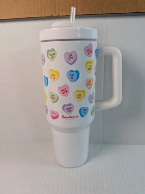 Sweethearts 40oz Tumbler Cup Conversation Hearts Handle Straw Valentine’s Day